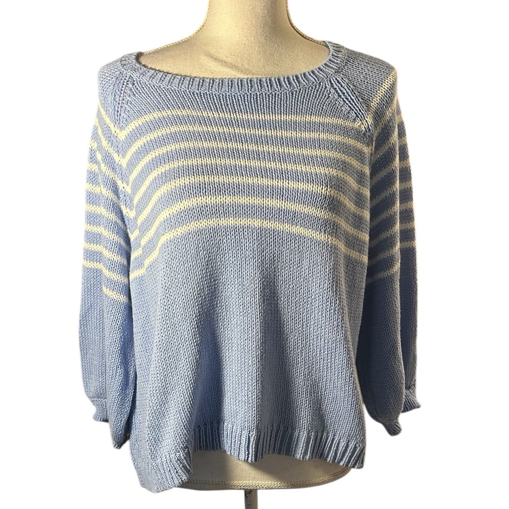 Wooden Ships Powder Blue Breton Striped Crew Cotton Sweater